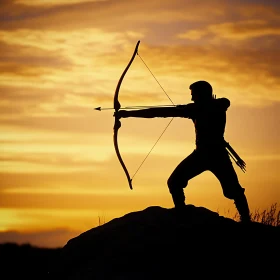 Silhouette of Archer with Bow at Sunset