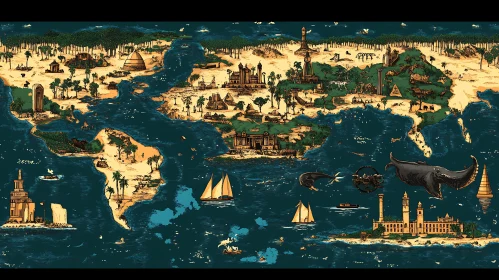 Architectural World Map with Sea Elements