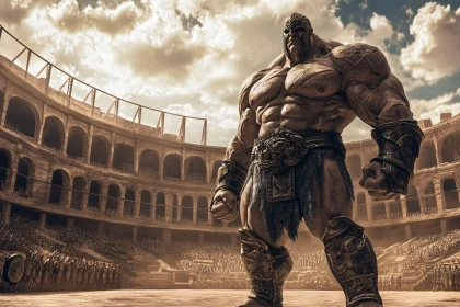 Colossal Gladiator in Sepia-Toned Arena