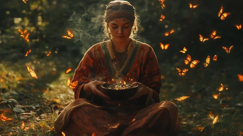 Woman Meditating with Butterflies in Nature