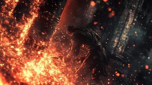 Fiery Battle Scene with Lone Fighter