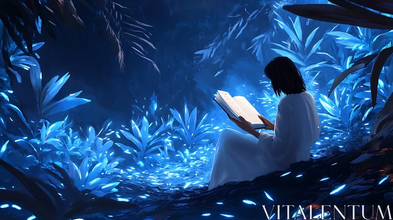 AI ART Woman Reading in a Glowing Forest