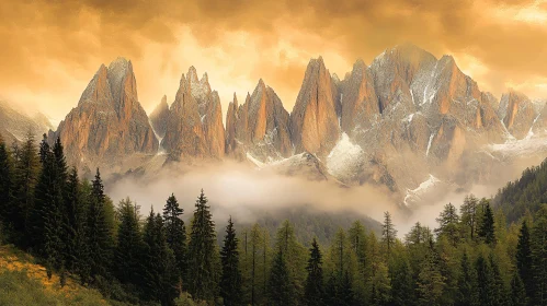 Sunset Over Jagged Peaks and Misty Forest