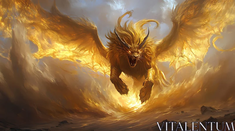 AI ART Winged Lion-Dragon in Fiery Descent