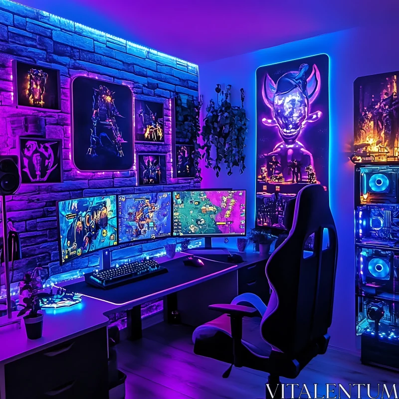 Futuristic Gaming Space with LED Lights and Multiple Displays AI Image