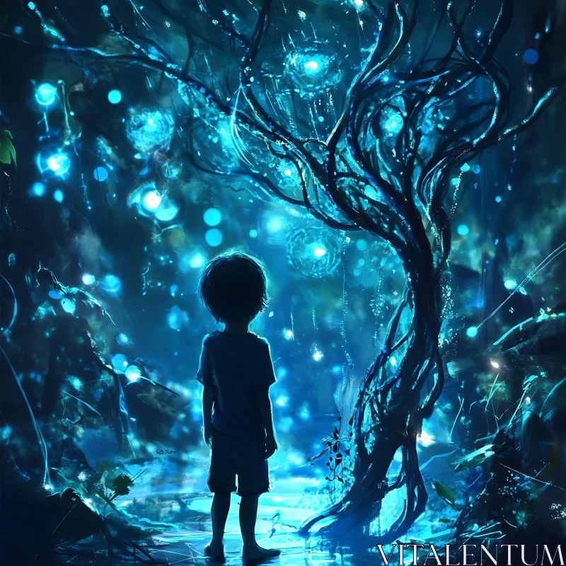 AI ART Boy Looking at Glowing Tree