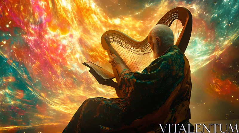 Elderly Man Playing Harp in Space AI Image