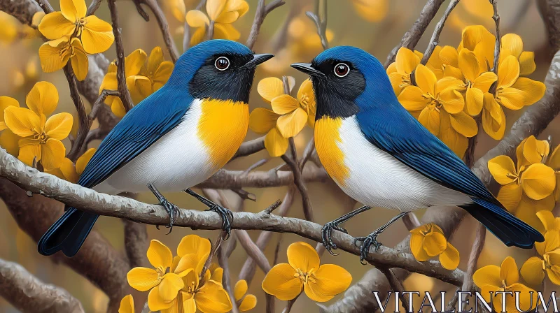 Colorful Birds in Flowering Branches AI Image