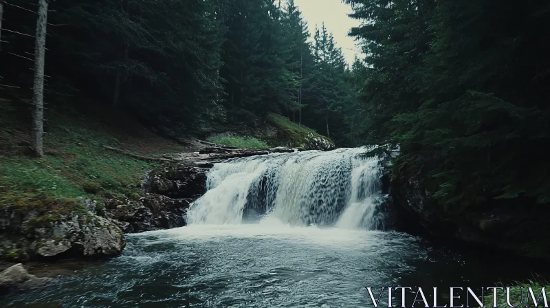 AI ART Cascading Waterfall in Tranquil Forest Setting