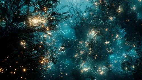 Teal Night Forest with Glowing Lights