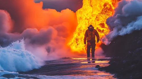 Lava Meets Ocean with Protective Suit-Clad Person