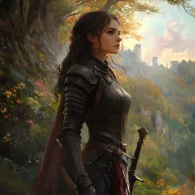 Armored Woman Gazing at Distant Castle