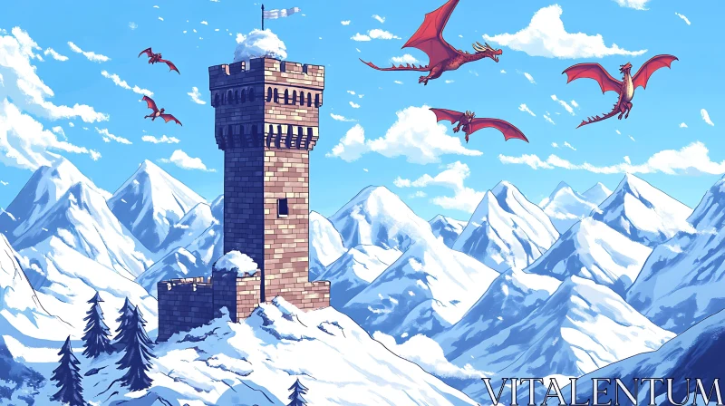 AI ART Red Dragons Flying Over Winter Landscape