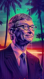 Stylized Bill Gates Artwork with Neon Accents