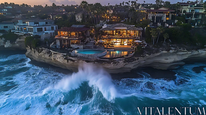 Nighttime Aerial View of Cliffside Homes with Crashing Waves AI Image