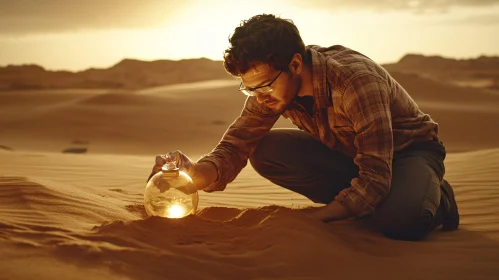 Man with Glowing Orb in Desert