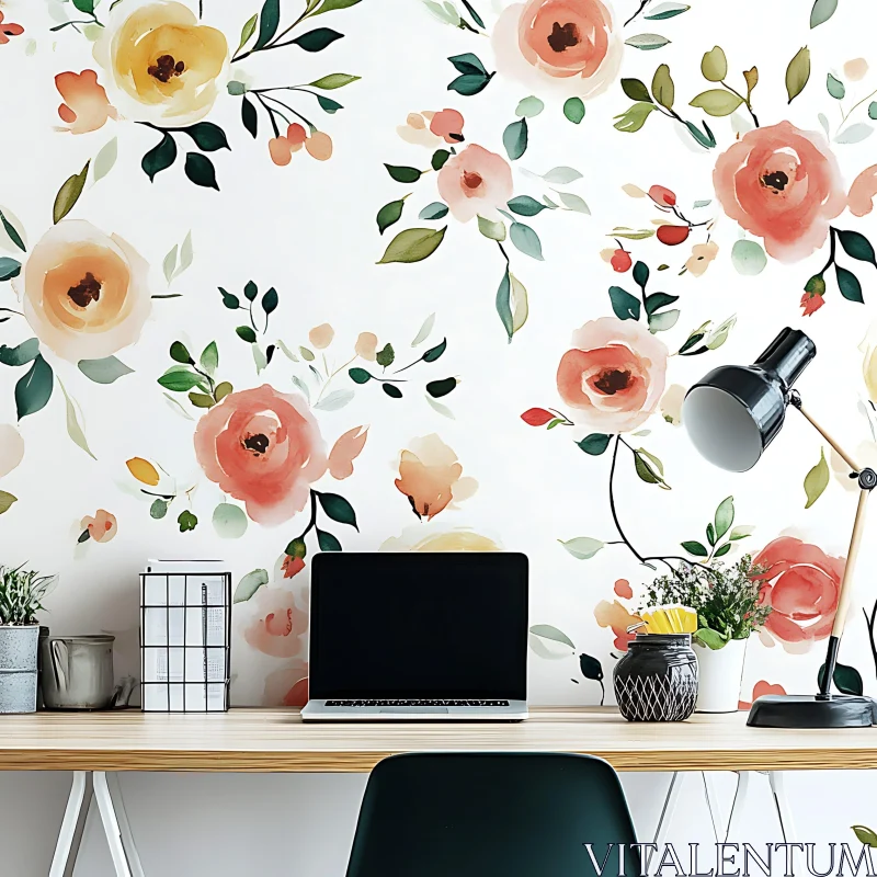 AI ART Stylish Desk Setup with Floral Decor