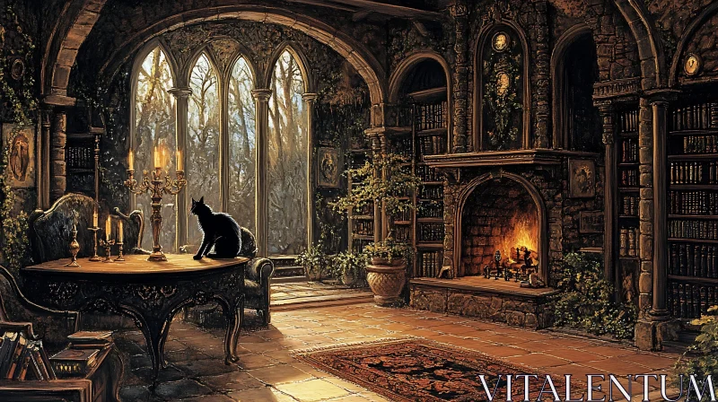 AI ART Old Library Interior with Fireplace and Cat