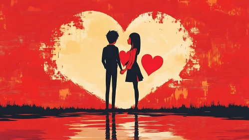 Silhouette Couple Holding Hands with Heart