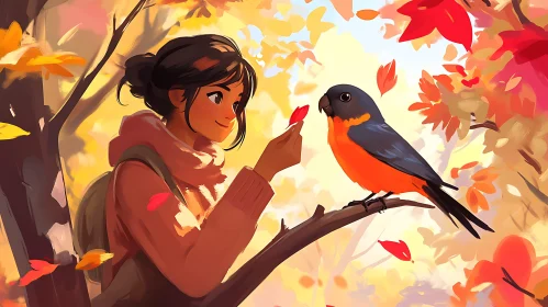 Girl and Bird in Autumn