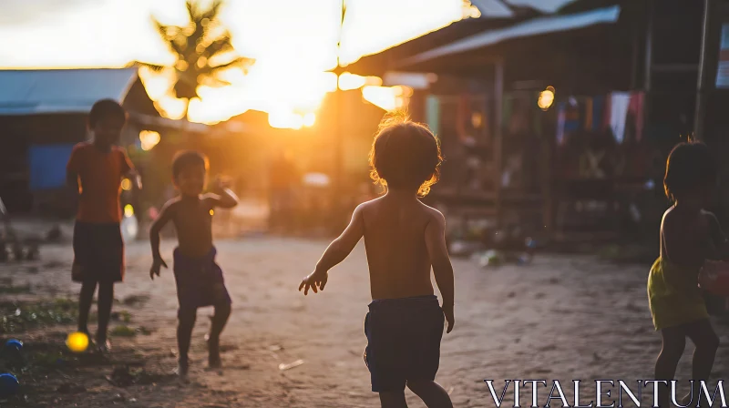 Silhouette of Children Playing During Sunset AI Image