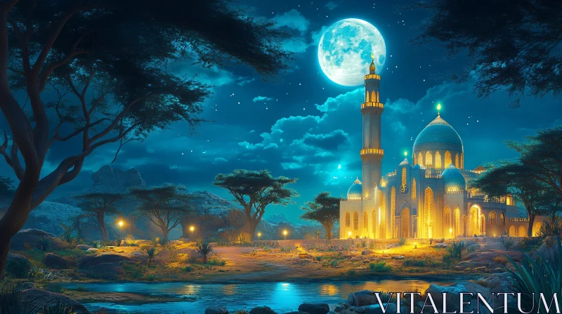 Moonlit Mosque Landscape AI Image