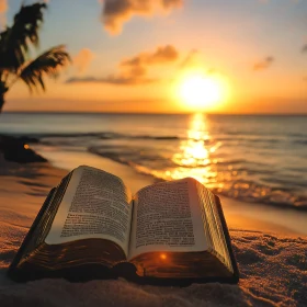 Open Book on Beach at Sunset