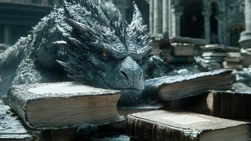 Icy Dragon Resting on Antique Books