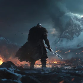 Lone Warrior in a Fiery Landscape