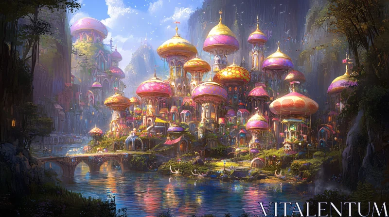 AI ART Mushroom Dome City by the River