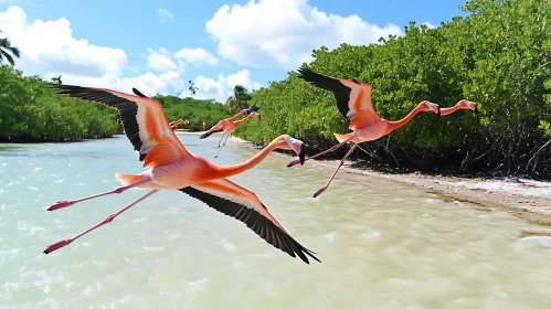 Pink Flamingos Flying Above Water