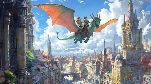 Children Riding Dragon Above City