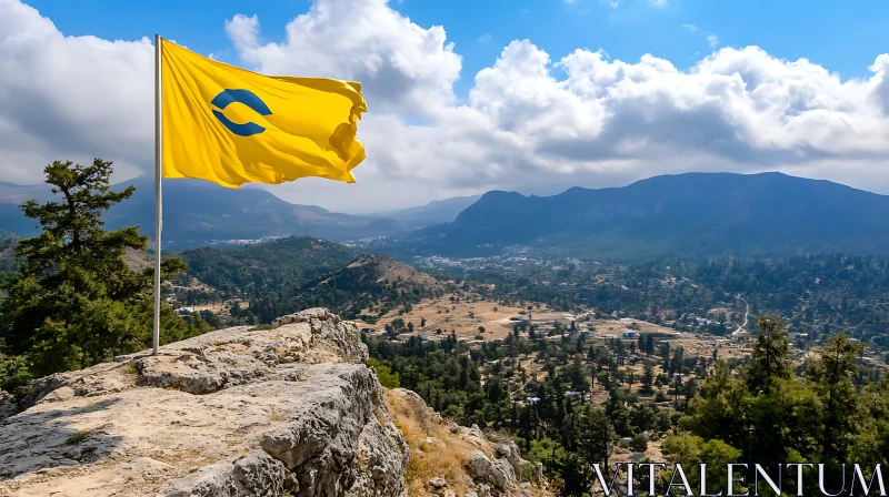 Yellow Flag Overlooking Mountainous Landscape AI Image