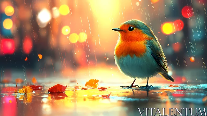 Robin in a Rainy Autumn Setting AI Image