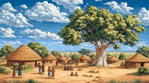 African Village Under the Baobab Tree