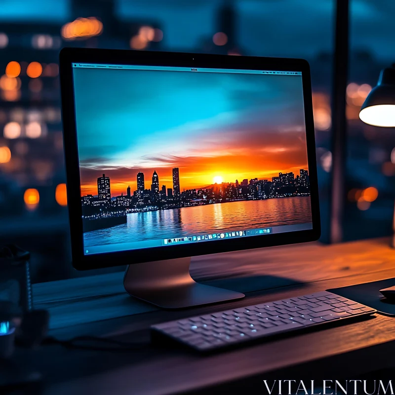 Cityscape Sunset Screen in Office AI Image