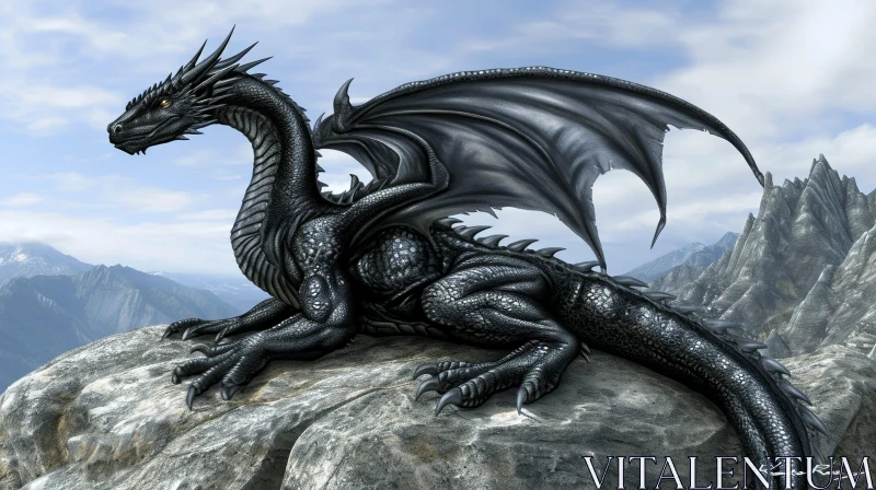 Black Dragon Digital Painting on Rocky Outcrop AI Image