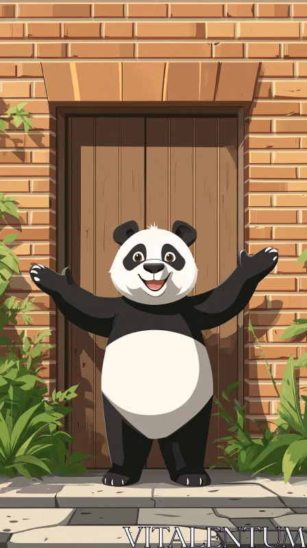 AI ART Panda Greets by Wooden Door