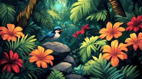 Exotic Jungle with Bird and Flowers
