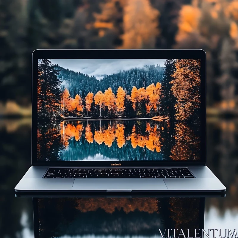 Laptop Displaying Autumn Forest Scene AI Image