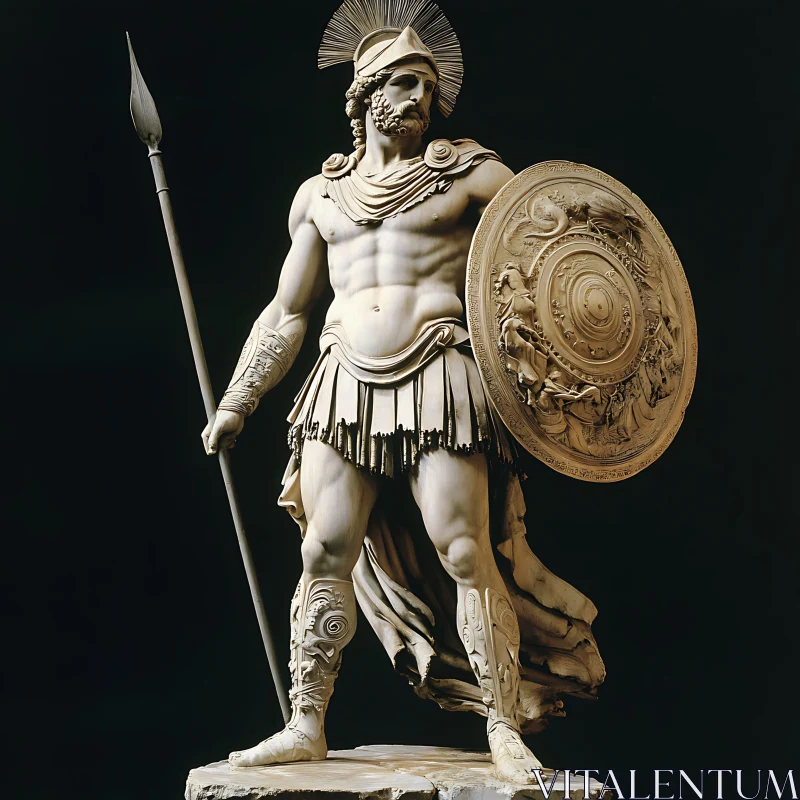 AI ART Ancient Warrior Sculpture: Spear and Shield