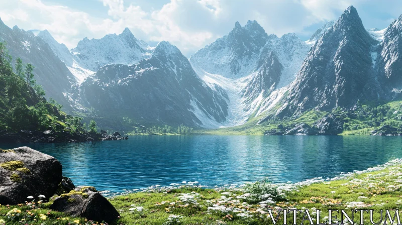 AI ART Alpine Beauty: Majestic Lakes and Snowy Peaks