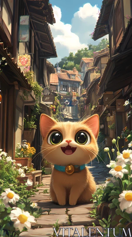 AI ART Cute Cat Amidst Flowers and Village Charm