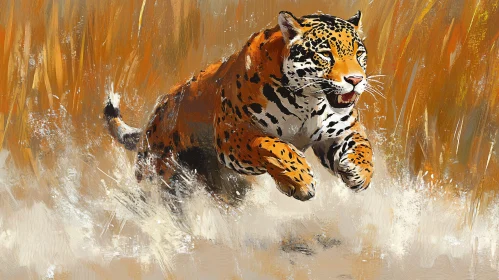 Jaguar Running Through Water Painting