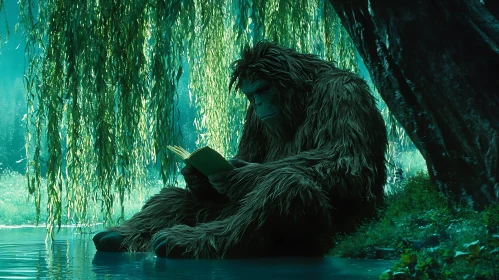 Sasquatch Enjoying Literature by the Water