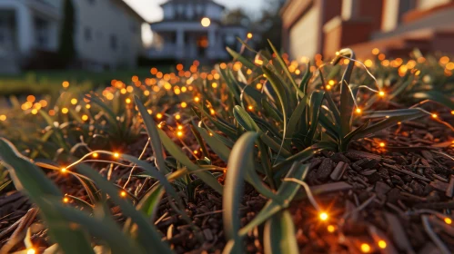 Close-up of Flower Bed with Orange Lights | Green Grass | Sunset Shadows