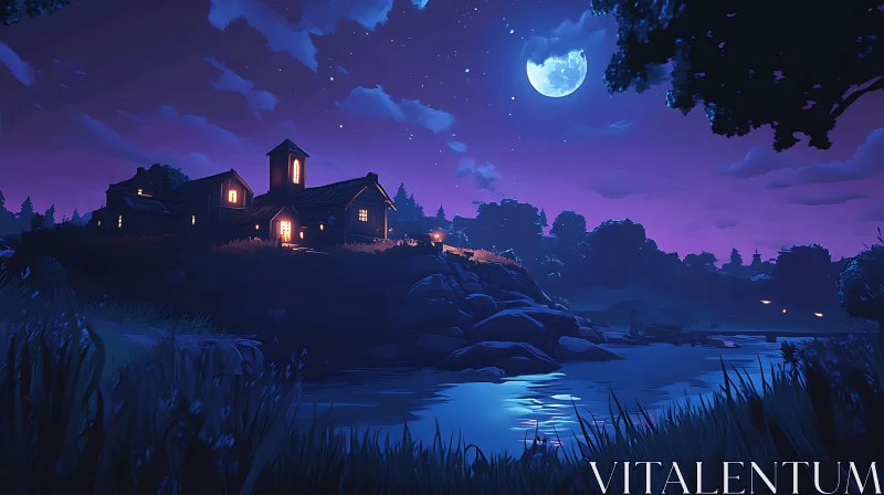 Moonlit House at Night AI Image