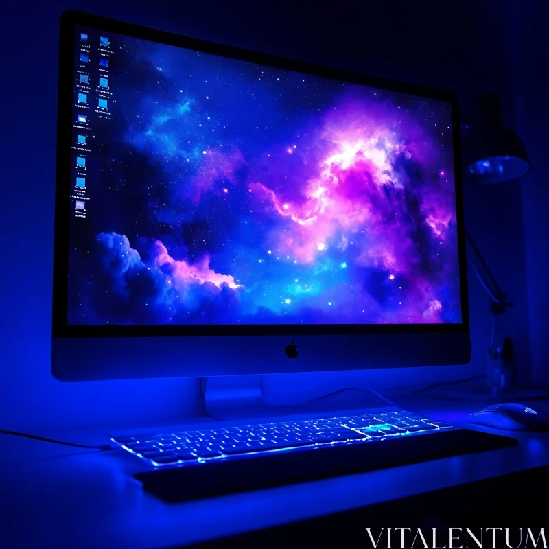 Galaxy-themed Computer Setup with Blue LED Lighting AI Image