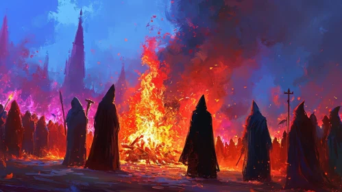 Enigmatic Painting of a Group Gathered Around a Bonfire