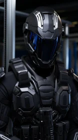 Futuristic Soldier in Black Armor: Industrial and Product Design